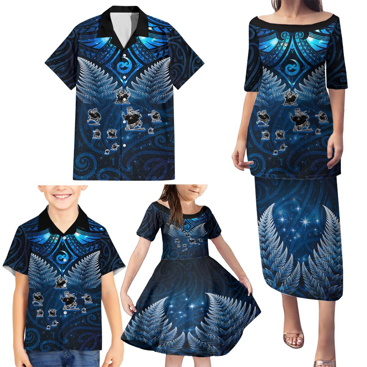 New Zealand Matariki Family Matching Puletasi and Hawaiian Shirt Maori Pattern and Kiwi Bird Haka Dance Sky Night