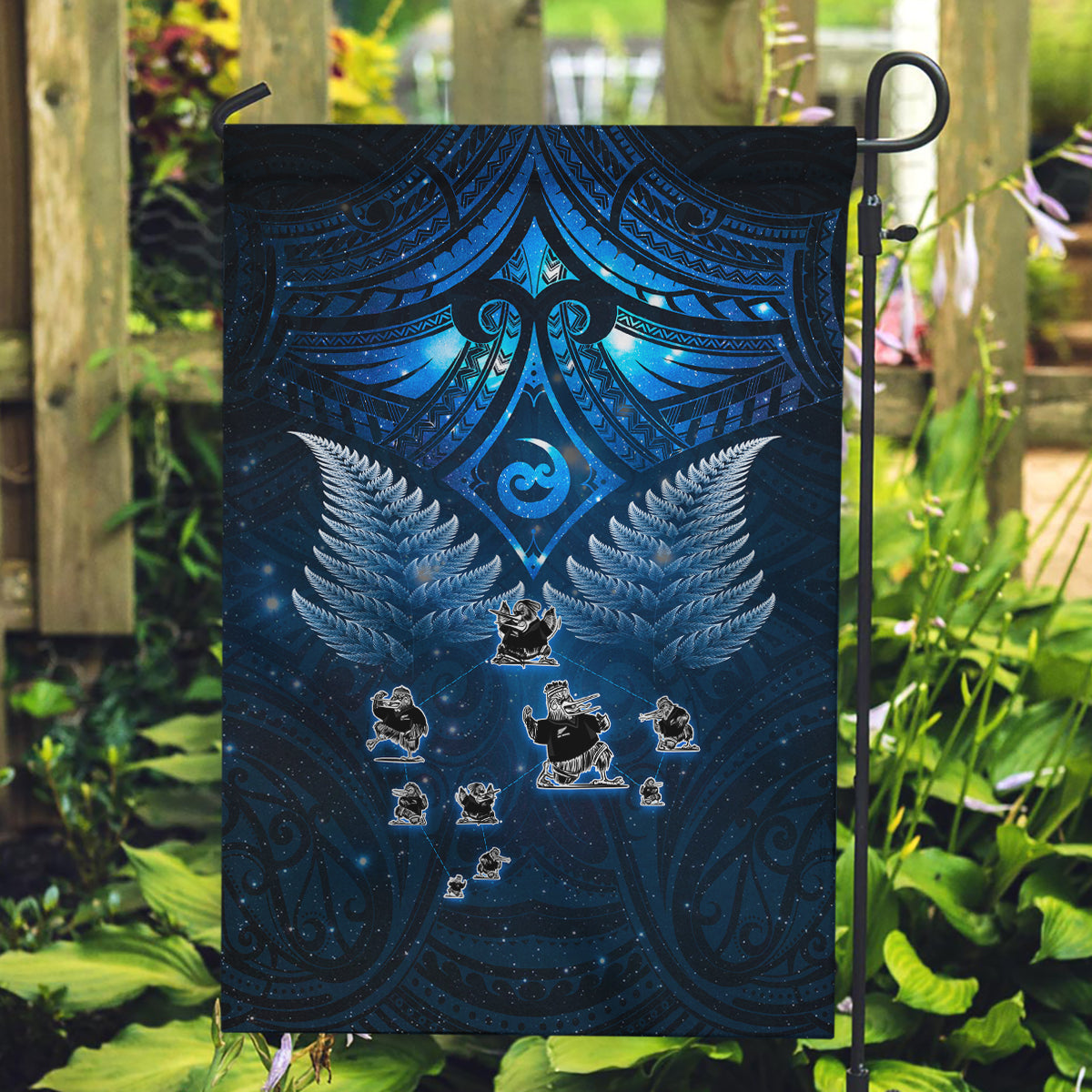 New Zealand Matariki Garden Flag Maori Pattern and Kiwi Bird Haka Dance Sky Night