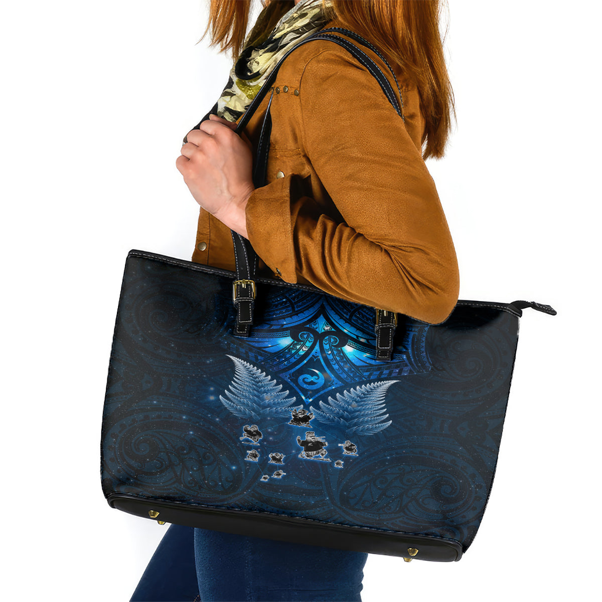 New Zealand Matariki Leather Tote Bag Maori Pattern and Kiwi Bird Haka Dance Sky Night