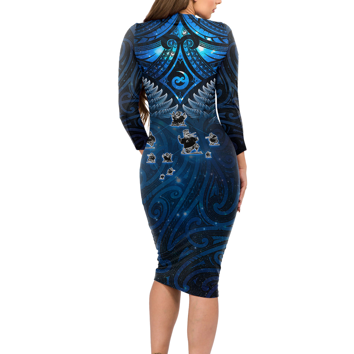 New Zealand Matariki Long Sleeve Bodycon Dress Maori Pattern and Kiwi Bird Haka Dance Sky Night