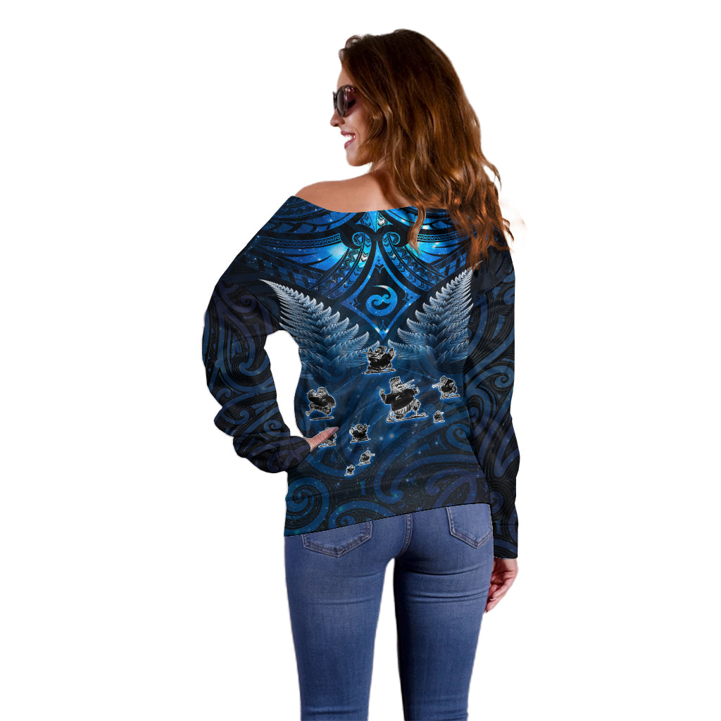 New Zealand Matariki Off Shoulder Sweater Maori Pattern and Kiwi Bird Haka Dance Sky Night