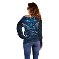New Zealand Matariki Off Shoulder Sweater Maori Pattern and Kiwi Bird Haka Dance Sky Night