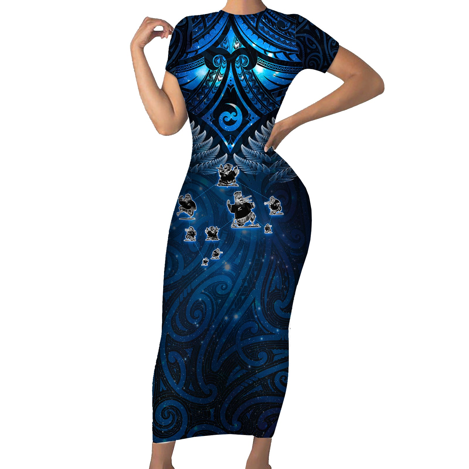 New Zealand Matariki Short Sleeve Bodycon Dress Maori Pattern and Kiwi Bird Haka Dance Sky Night