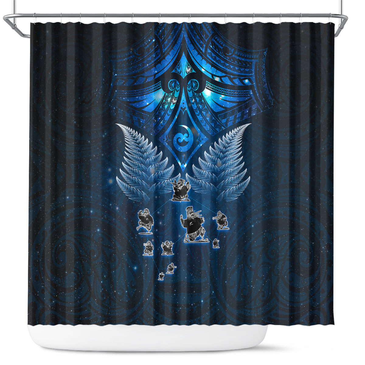 New Zealand Matariki Shower Curtain Maori Pattern and Kiwi Bird Haka Dance Sky Night