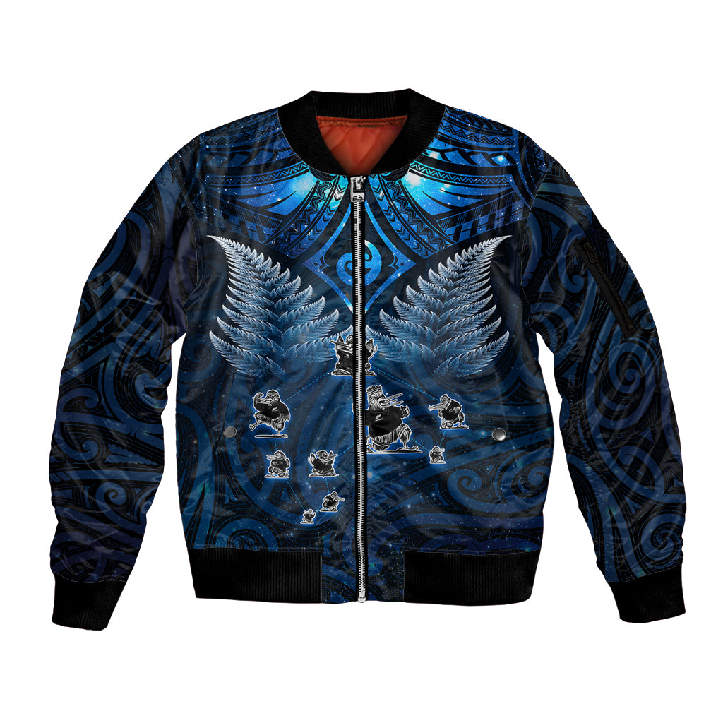 New Zealand Matariki Sleeve Zip Bomber Jacket Maori Pattern and Kiwi Bird Haka Dance Sky Night