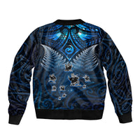 New Zealand Matariki Sleeve Zip Bomber Jacket Maori Pattern and Kiwi Bird Haka Dance Sky Night