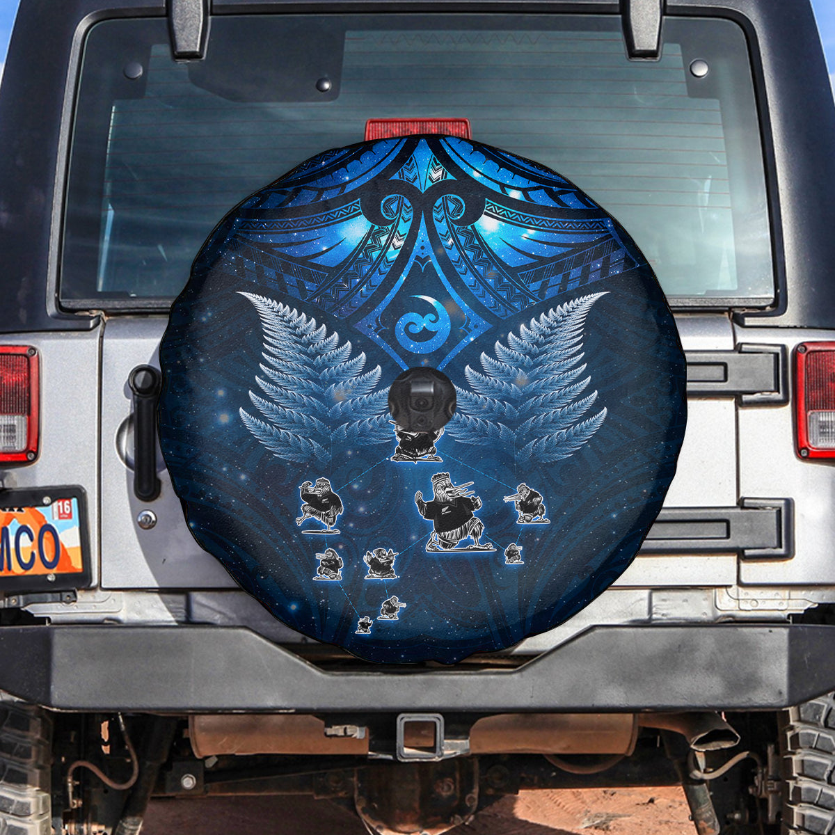 New Zealand Matariki Spare Tire Cover Maori Pattern and Kiwi Bird Haka Dance Sky Night