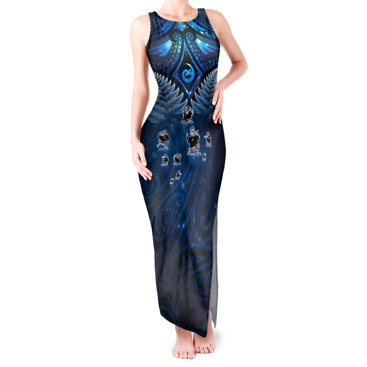 New Zealand Matariki Tank Maxi Dress Maori Pattern and Kiwi Bird Haka Dance Sky Night