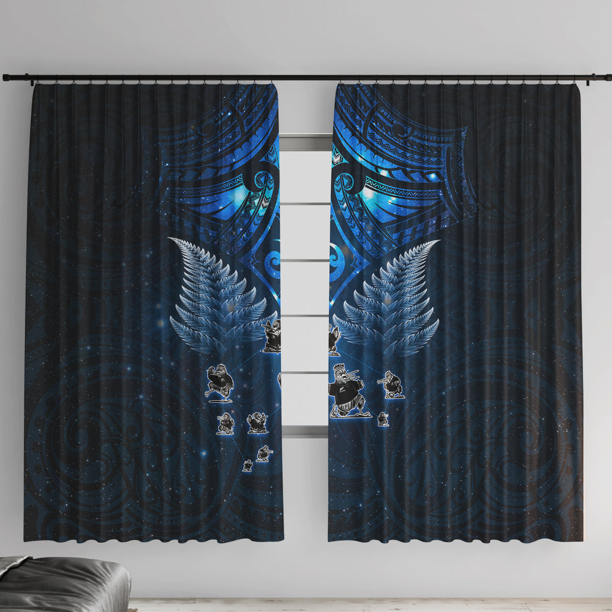 New Zealand Matariki Window Curtain Maori Pattern and Kiwi Bird Haka Dance Sky Night