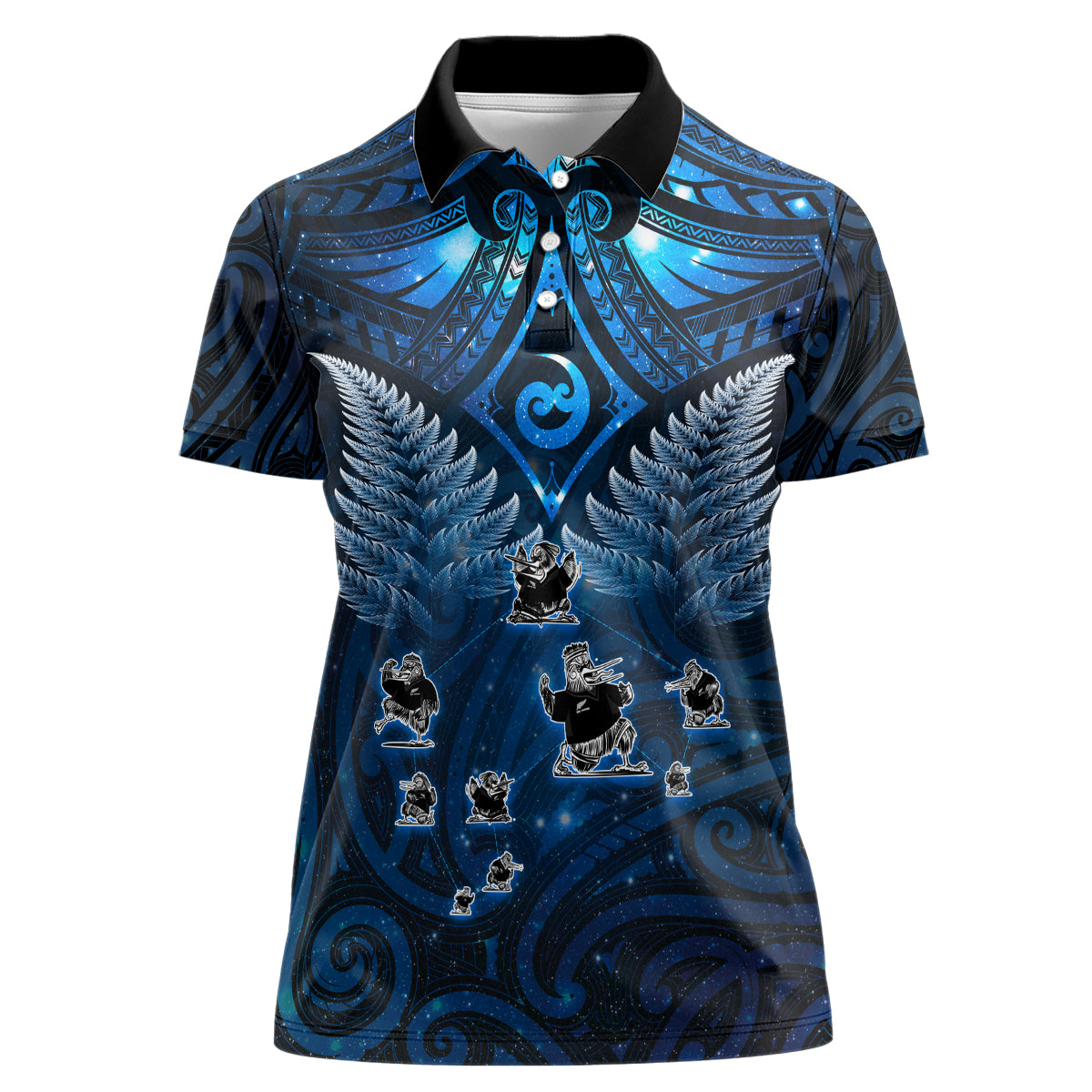 New Zealand Matariki Women Polo Shirt Maori Pattern and Kiwi Bird Haka Dance Sky Night