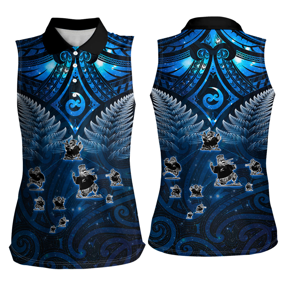 New Zealand Matariki Women Sleeveless Polo Shirt Maori Pattern and Kiwi Bird Haka Dance Sky Night