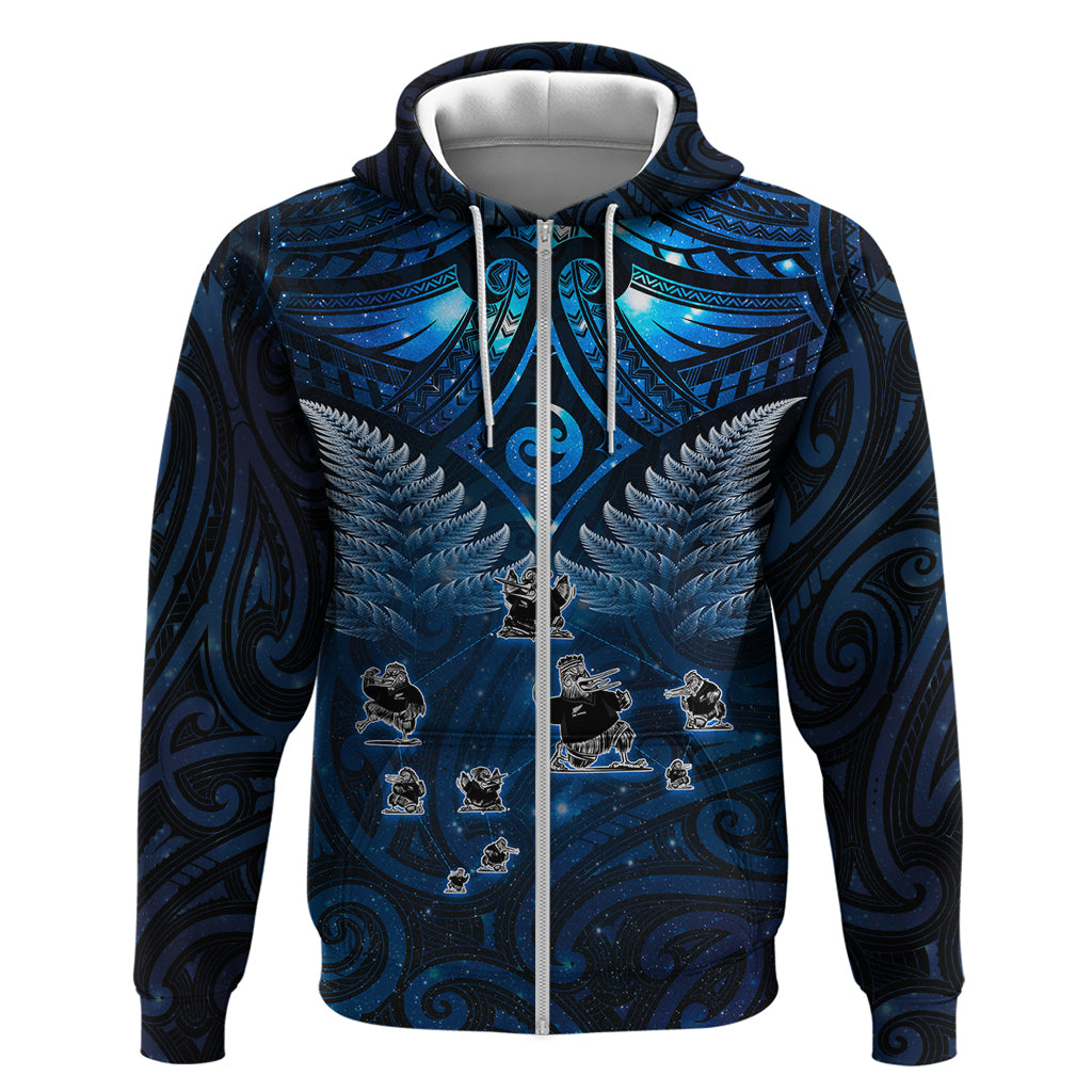 New Zealand Matariki Zip Hoodie Maori Pattern and Kiwi Bird Haka Dance Sky Night