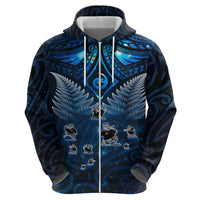 New Zealand Matariki Zip Hoodie Maori Pattern and Kiwi Bird Haka Dance Sky Night