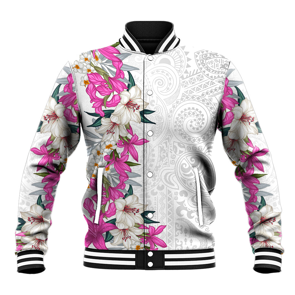 Hawaii Tropical Leaves and Flowers Baseball Jacket Tribal Polynesian Pattern White Style LT03 Unisex White - Polynesian Pride