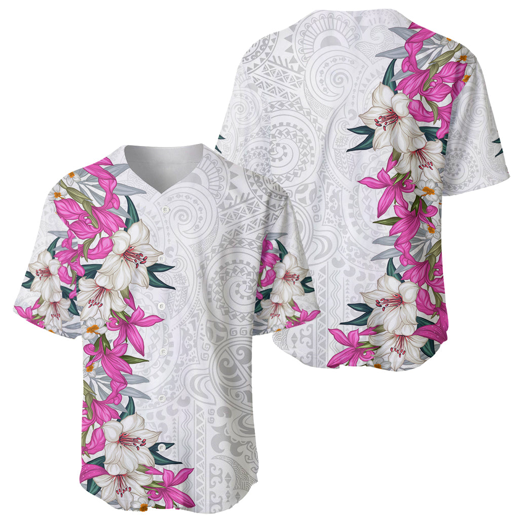 Hawaii Tropical Leaves and Flowers Baseball Jersey Tribal Polynesian Pattern White Style