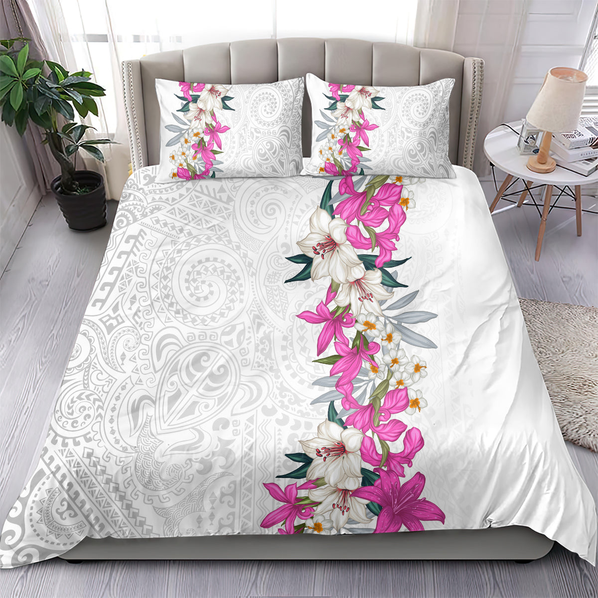 Hawaii Tropical Leaves and Flowers Bedding Set Tribal Polynesian Pattern White Style LT03 - Polynesian Pride