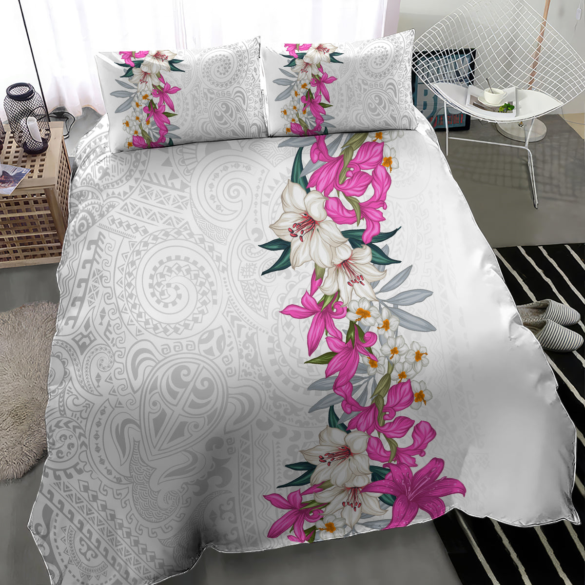 Hawaii Tropical Leaves and Flowers Bedding Set Tribal Polynesian Pattern White Style LT03 - Polynesian Pride