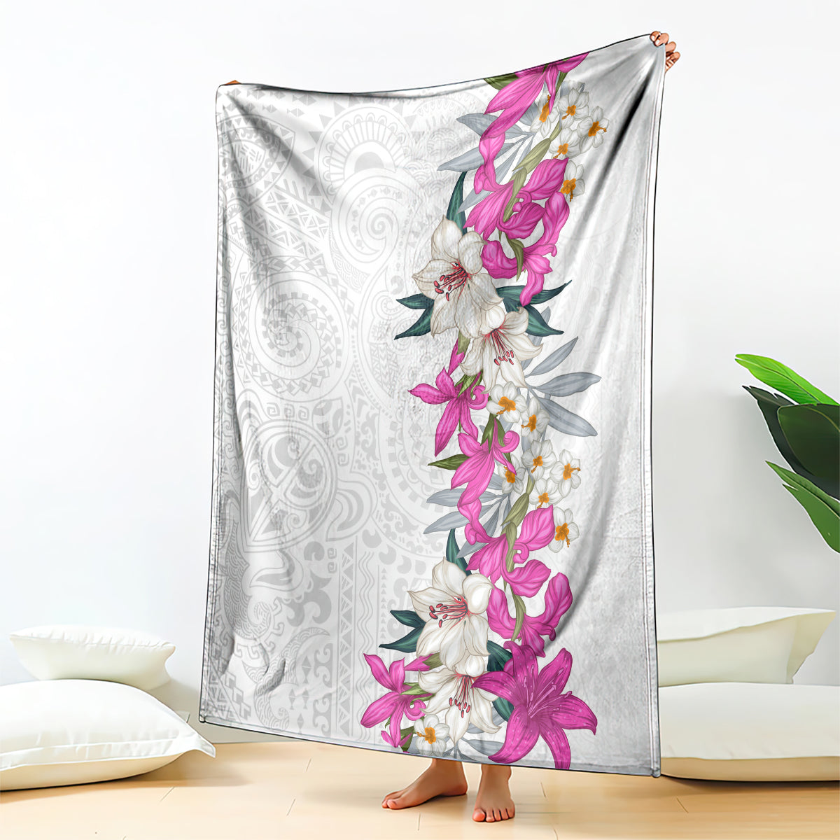 Hawaii Tropical Leaves and Flowers Blanket Tribal Polynesian Pattern White Style LT03 - Polynesian Pride