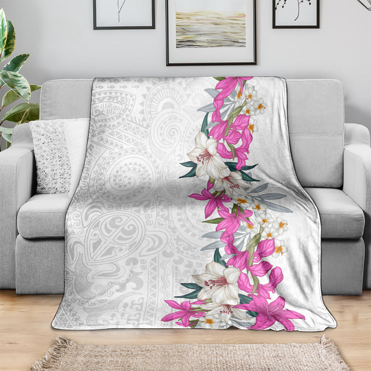 Hawaii Tropical Leaves and Flowers Blanket Tribal Polynesian Pattern White Style LT03 - Polynesian Pride
