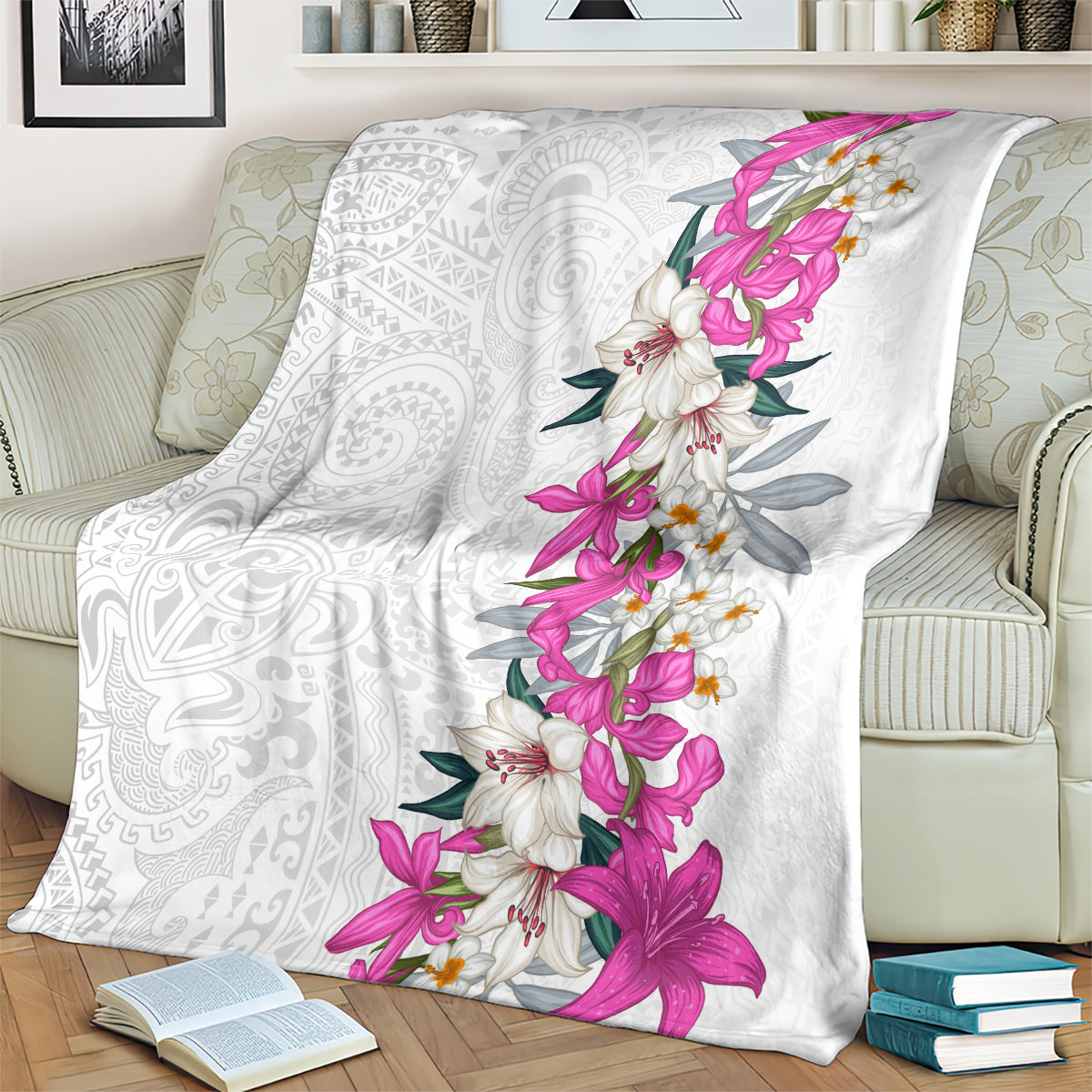 Hawaii Tropical Leaves and Flowers Blanket Tribal Polynesian Pattern White Style LT03 - Polynesian Pride