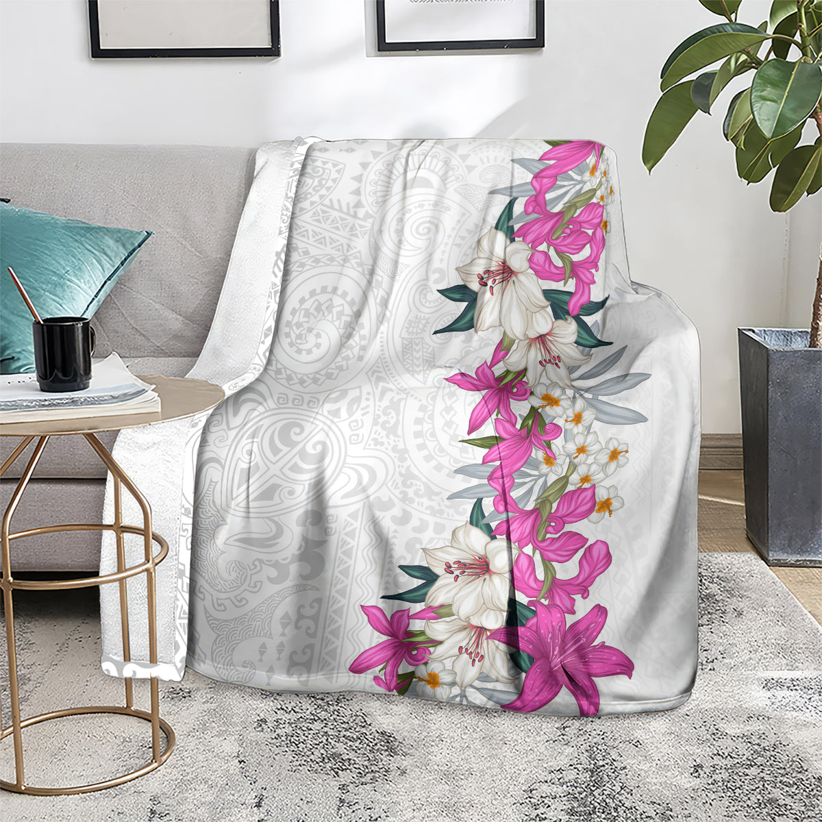 Hawaii Tropical Leaves and Flowers Blanket Tribal Polynesian Pattern White Style LT03 - Polynesian Pride