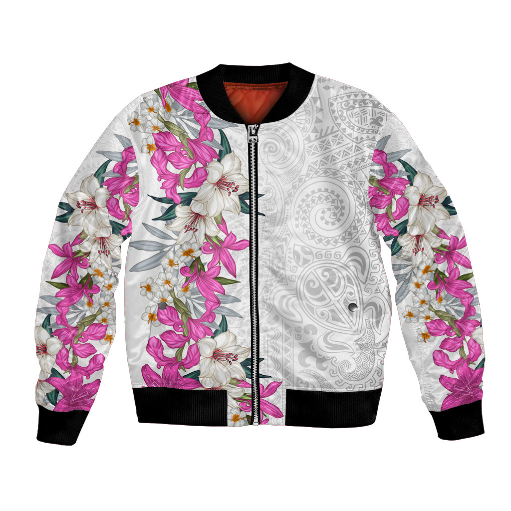 Hawaii Tropical Leaves and Flowers Bomber Jacket Tribal Polynesian Pattern White Style LT03 Unisex White - Polynesian Pride