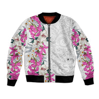 Hawaii Tropical Leaves and Flowers Bomber Jacket Tribal Polynesian Pattern White Style LT03 Unisex White - Polynesian Pride