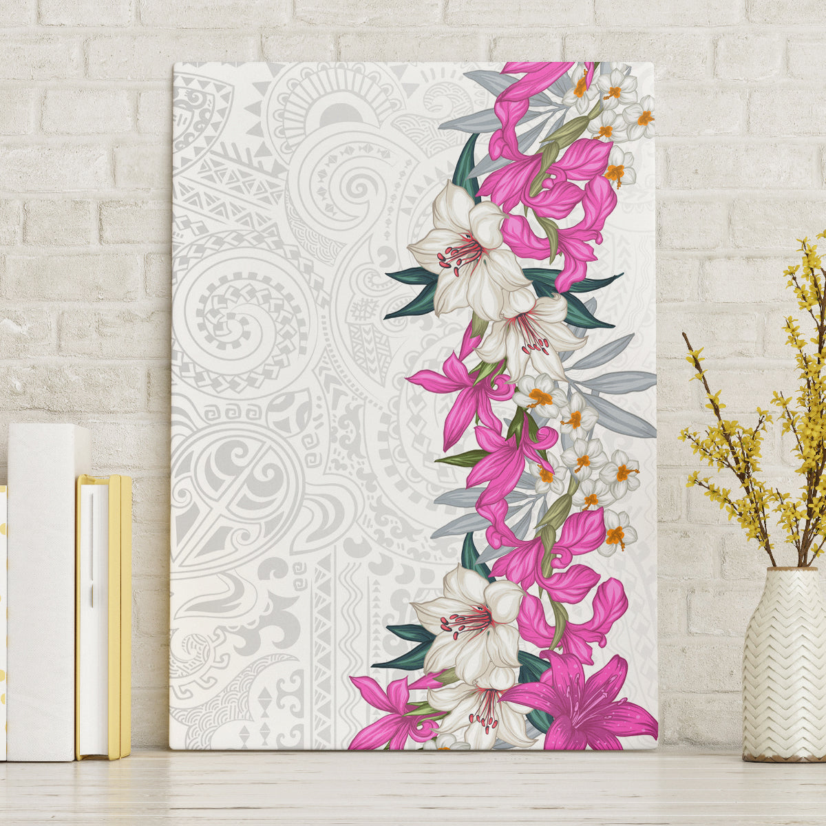 Hawaii Tropical Leaves and Flowers Canvas Wall Art Tribal Polynesian Pattern White Style LT03 Without Frame White - Polynesian Pride