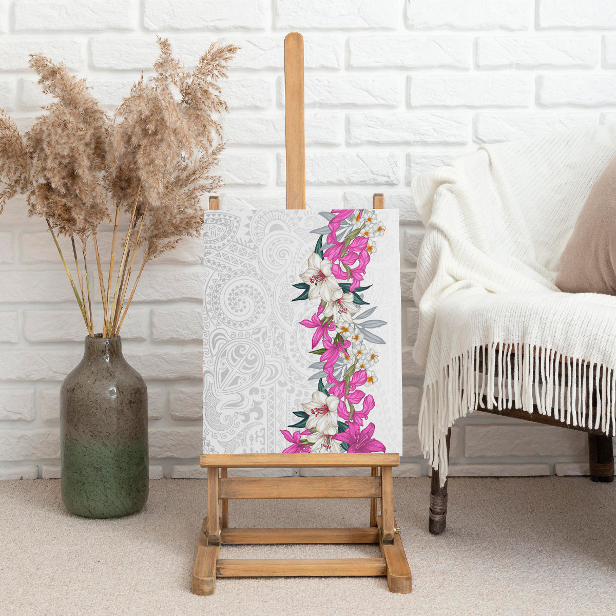 Hawaii Tropical Leaves and Flowers Canvas Wall Art Tribal Polynesian Pattern White Style LT03 - Polynesian Pride