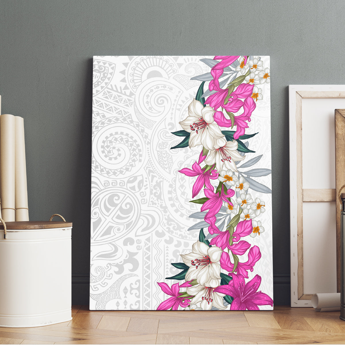Hawaii Tropical Leaves and Flowers Canvas Wall Art Tribal Polynesian Pattern White Style LT03 - Polynesian Pride
