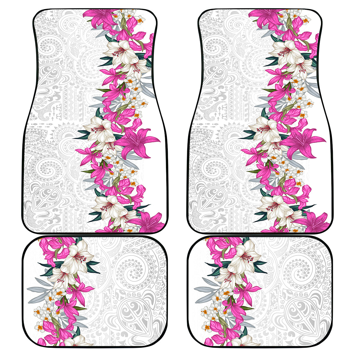 Hawaii Tropical Leaves and Flowers Car Mats Tribal Polynesian Pattern White Style