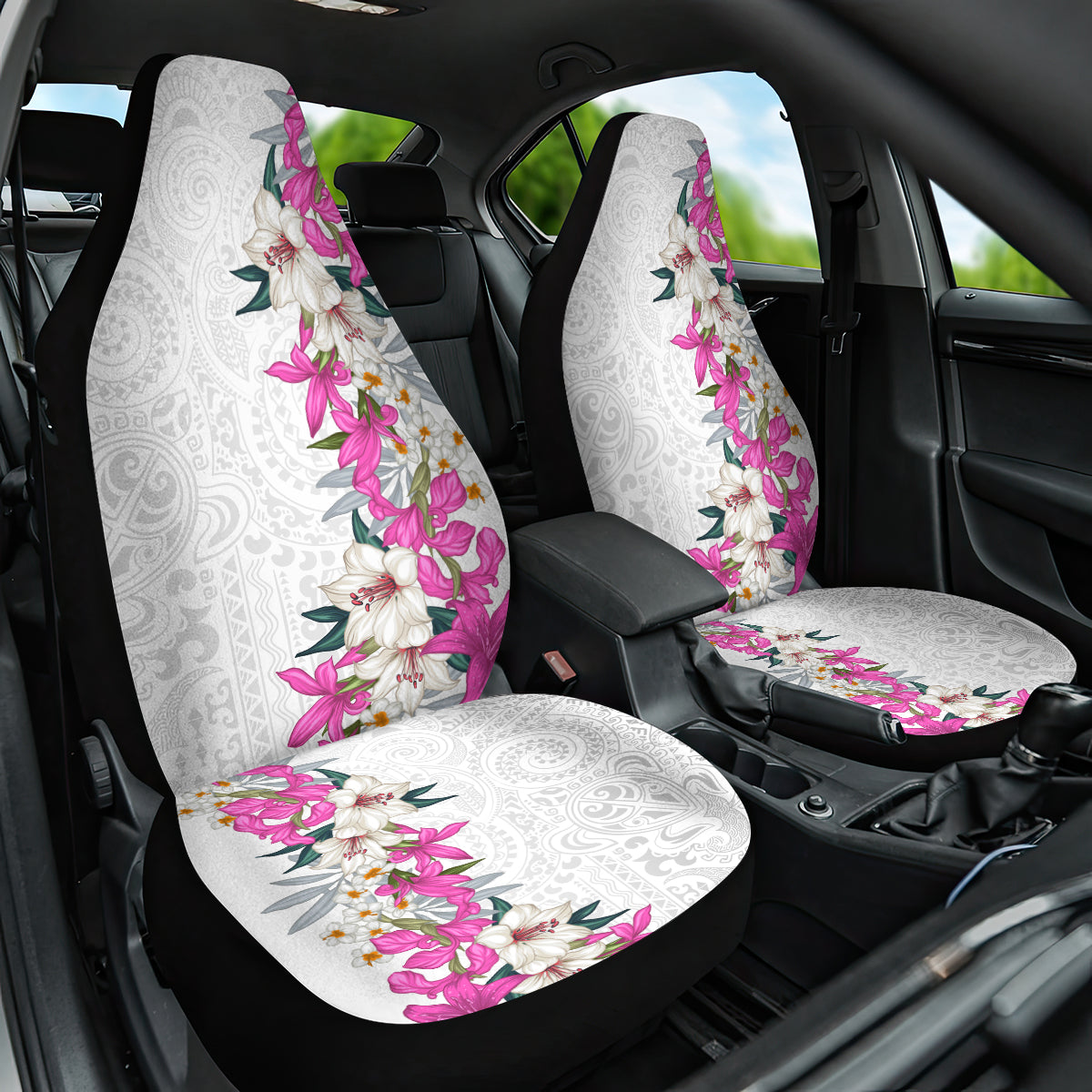 Hawaii Tropical Leaves and Flowers Car Seat Cover Tribal Polynesian Pattern White Style