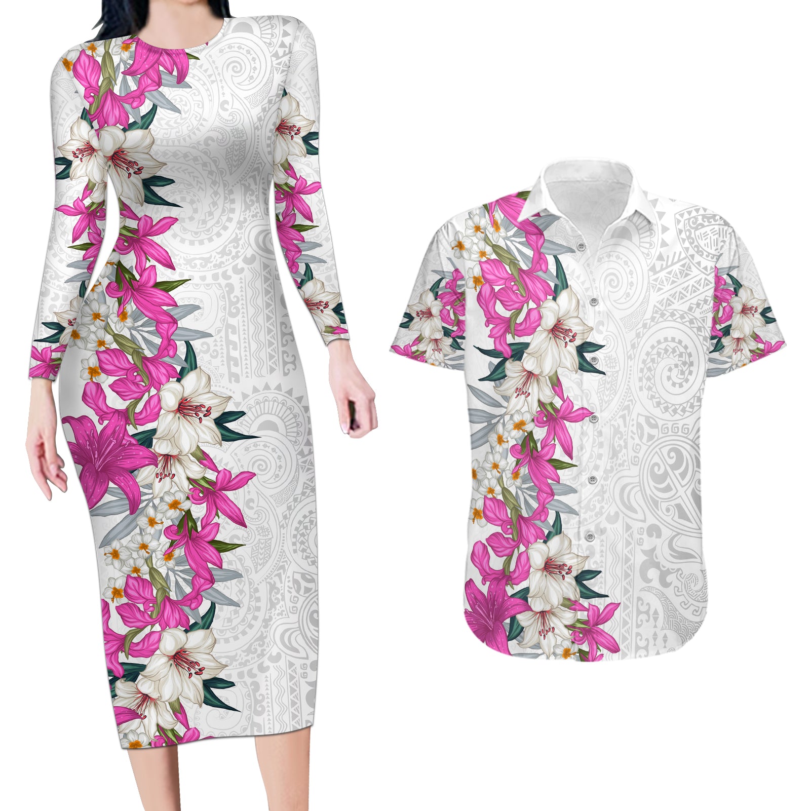 Hawaii Tropical Leaves and Flowers Couples Matching Long Sleeve Bodycon Dress and Hawaiian Shirt Tribal Polynesian Pattern White Style