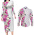 Hawaii Tropical Leaves and Flowers Couples Matching Long Sleeve Bodycon Dress and Long Sleeve Button Shirt Tribal Polynesian Pattern White Style