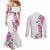 Hawaii Tropical Leaves and Flowers Couples Matching Mermaid Dress and Long Sleeve Button Shirt Tribal Polynesian Pattern White Style