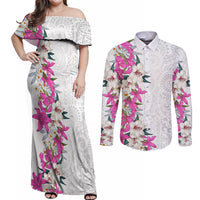 Hawaii Tropical Leaves and Flowers Couples Matching Off Shoulder Maxi Dress and Long Sleeve Button Shirt Tribal Polynesian Pattern White Style LT03 White - Polynesian Pride