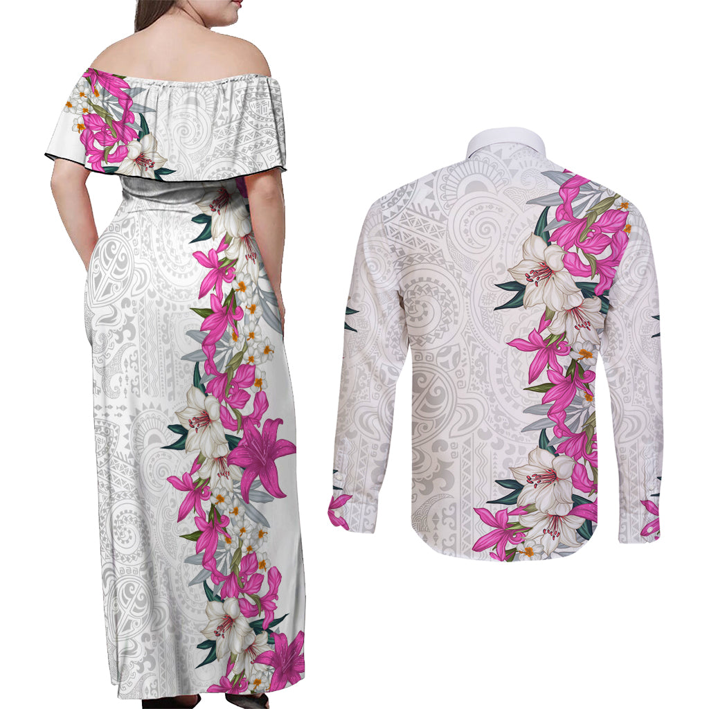 Hawaii Tropical Leaves and Flowers Couples Matching Off Shoulder Maxi Dress and Long Sleeve Button Shirt Tribal Polynesian Pattern White Style LT03 - Polynesian Pride
