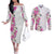 Hawaii Tropical Leaves and Flowers Couples Matching Off The Shoulder Long Sleeve Dress and Long Sleeve Button Shirt Tribal Polynesian Pattern White Style