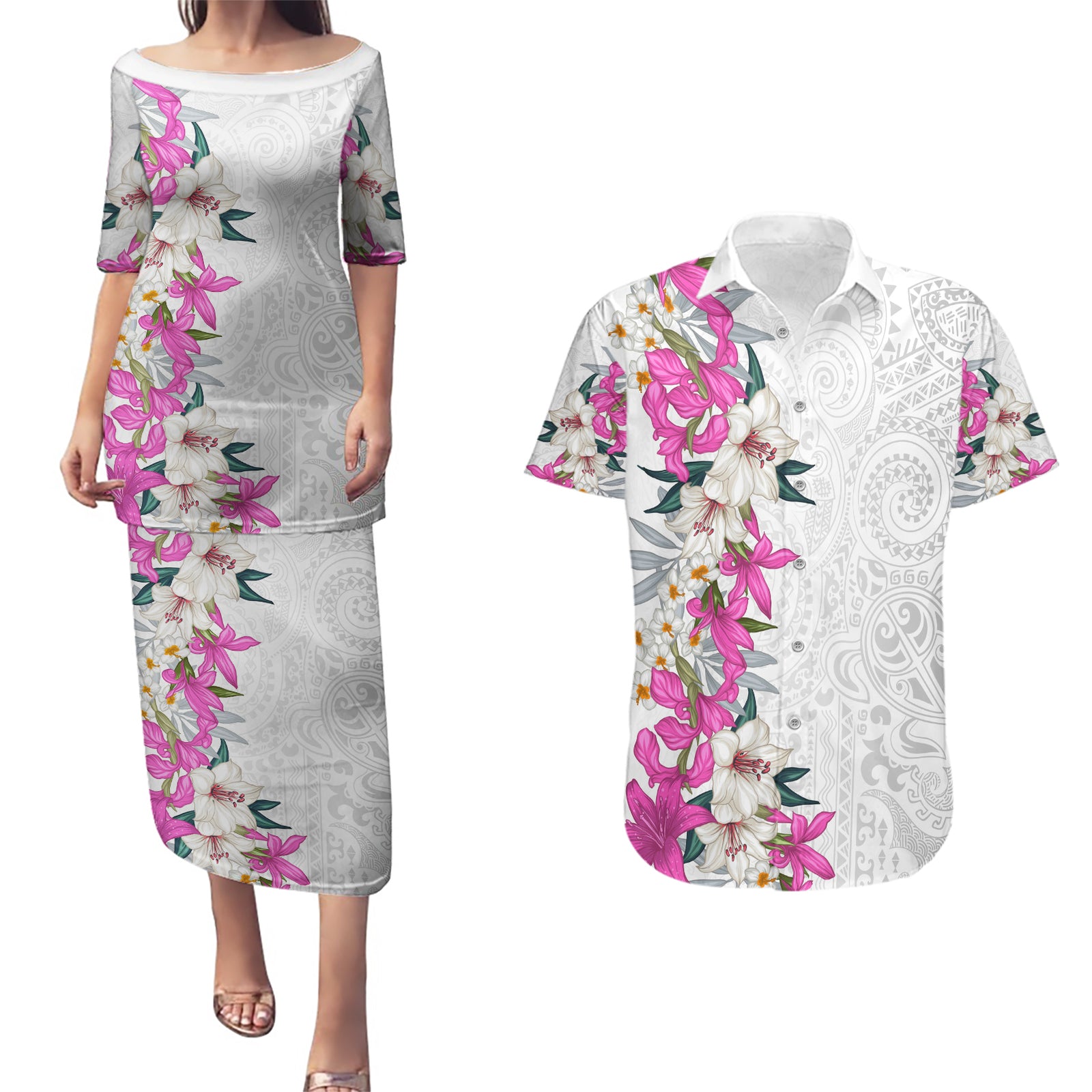 Hawaii Tropical Leaves and Flowers Couples Matching Puletasi and Hawaiian Shirt Tribal Polynesian Pattern White Style LT03 White - Polynesian Pride