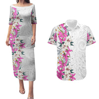 Hawaii Tropical Leaves and Flowers Couples Matching Puletasi and Hawaiian Shirt Tribal Polynesian Pattern White Style LT03 White - Polynesian Pride
