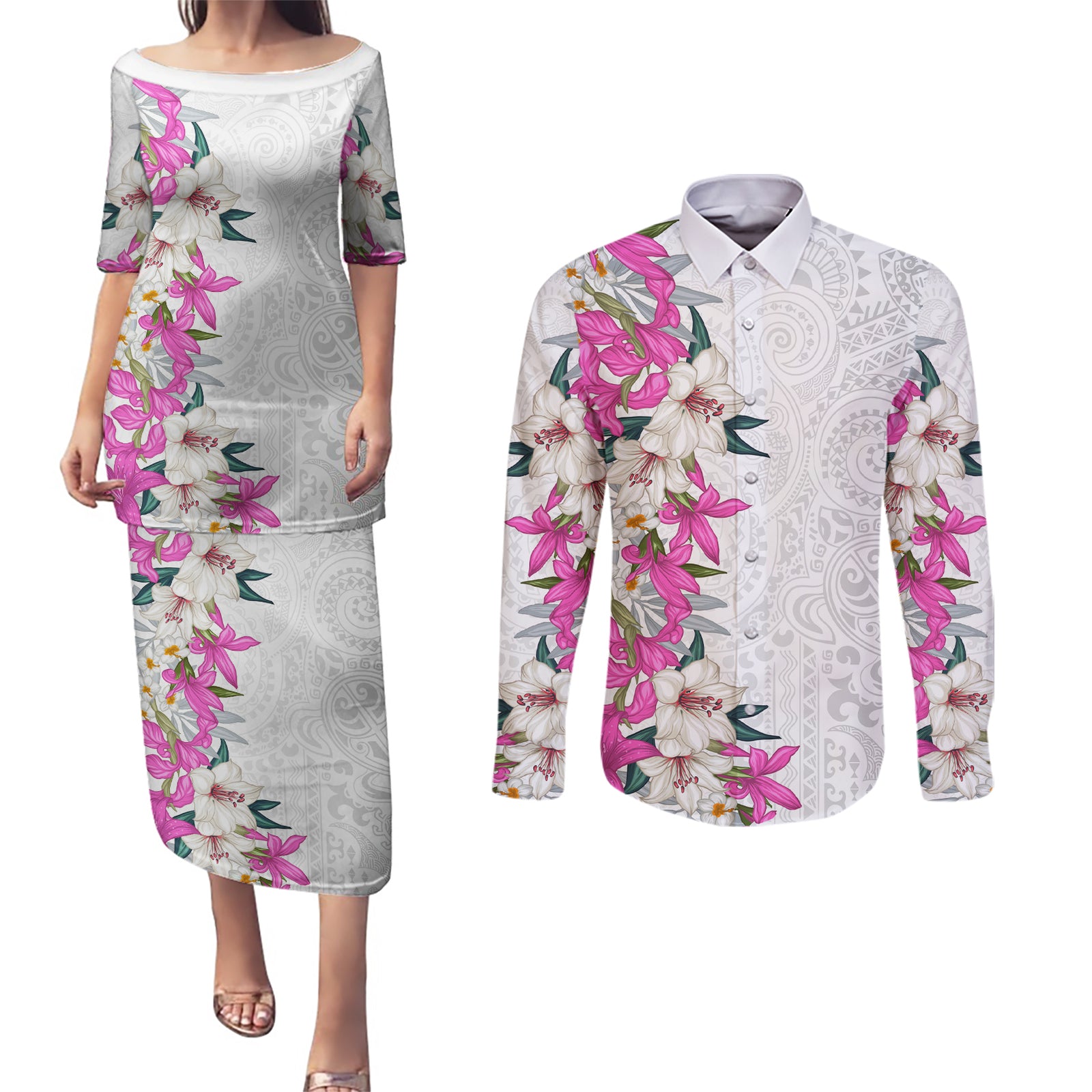 Hawaii Tropical Leaves and Flowers Couples Matching Puletasi and Long Sleeve Button Shirt Tribal Polynesian Pattern White Style LT03 White - Polynesian Pride