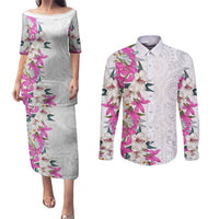 Hawaii Tropical Leaves and Flowers Couples Matching Puletasi and Long Sleeve Button Shirt Tribal Polynesian Pattern White Style LT03 White - Polynesian Pride