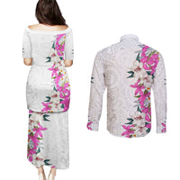 Hawaii Tropical Leaves and Flowers Couples Matching Puletasi and Long Sleeve Button Shirt Tribal Polynesian Pattern White Style LT03 - Polynesian Pride