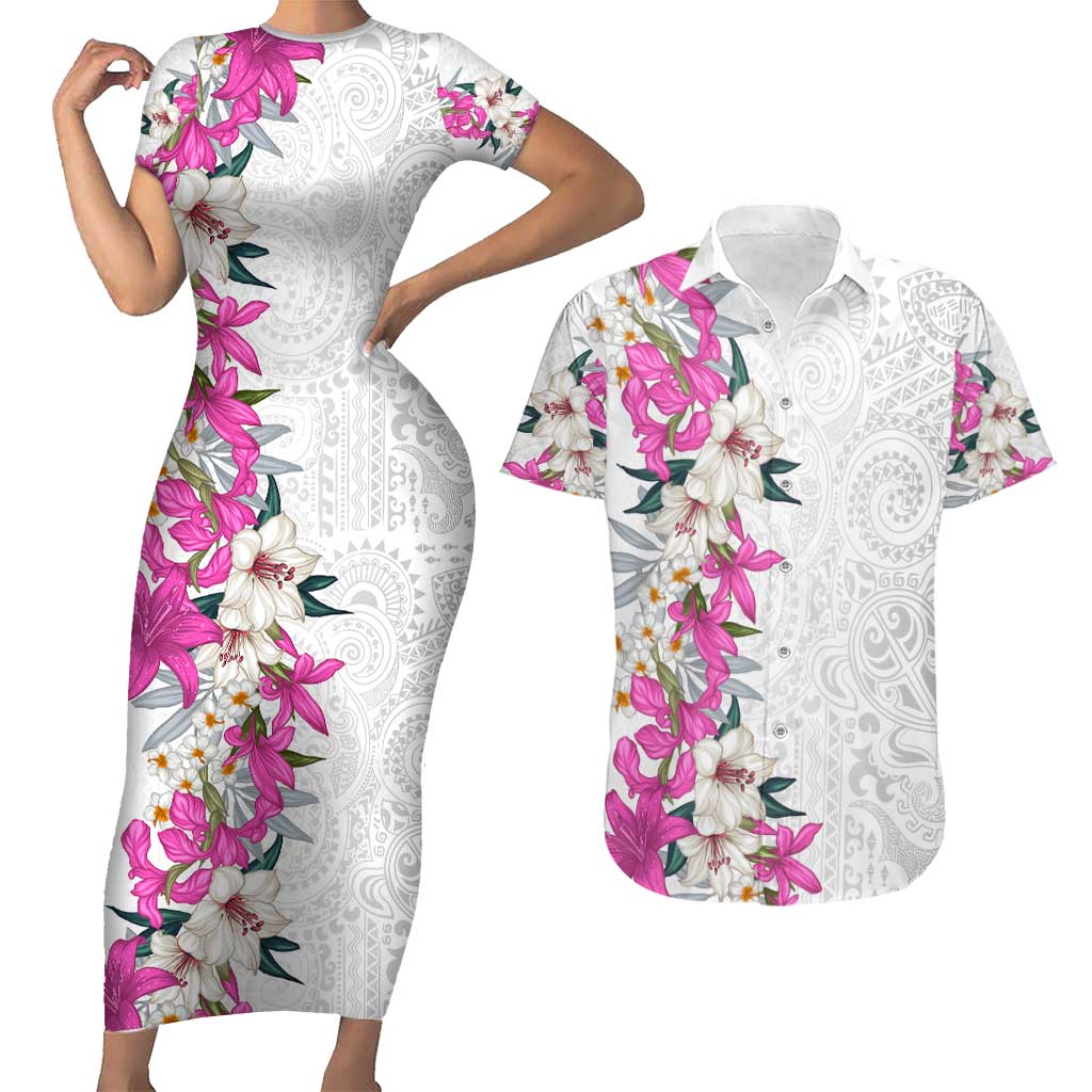 Hawaii Tropical Leaves and Flowers Couples Matching Short Sleeve Bodycon Dress and Hawaiian Shirt Tribal Polynesian Pattern White Style LT03