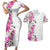 Hawaii Tropical Leaves and Flowers Couples Matching Short Sleeve Bodycon Dress and Hawaiian Shirt Tribal Polynesian Pattern White Style LT03