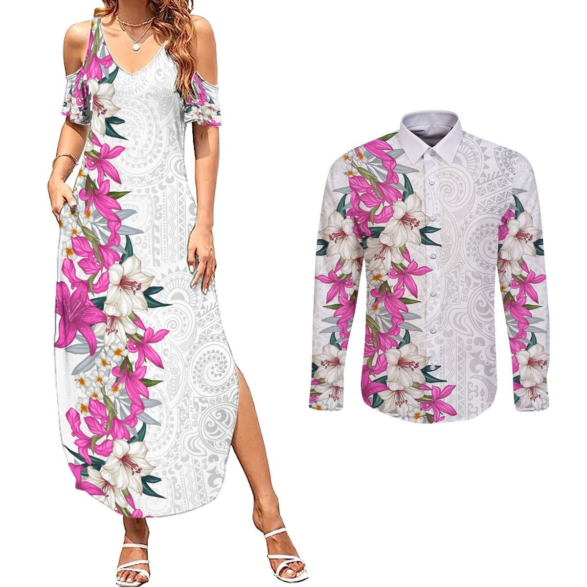 Hawaii Tropical Leaves and Flowers Couples Matching Summer Maxi Dress and Long Sleeve Button Shirt Tribal Polynesian Pattern White Style LT03 White - Polynesian Pride