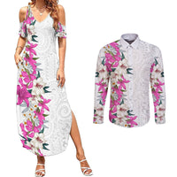 Hawaii Tropical Leaves and Flowers Couples Matching Summer Maxi Dress and Long Sleeve Button Shirt Tribal Polynesian Pattern White Style LT03 White - Polynesian Pride