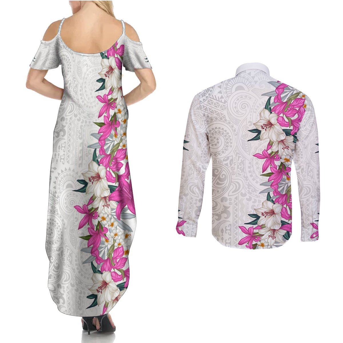 Hawaii Tropical Leaves and Flowers Couples Matching Summer Maxi Dress and Long Sleeve Button Shirt Tribal Polynesian Pattern White Style LT03 - Polynesian Pride
