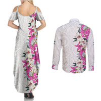 Hawaii Tropical Leaves and Flowers Couples Matching Summer Maxi Dress and Long Sleeve Button Shirt Tribal Polynesian Pattern White Style LT03 - Polynesian Pride
