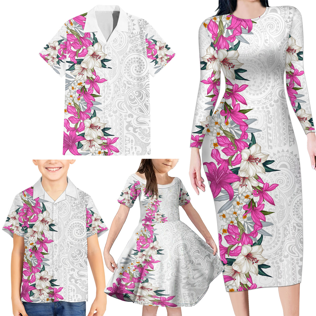 Hawaii Tropical Leaves and Flowers Family Matching Long Sleeve Bodycon Dress and Hawaiian Shirt Tribal Polynesian Pattern White Style